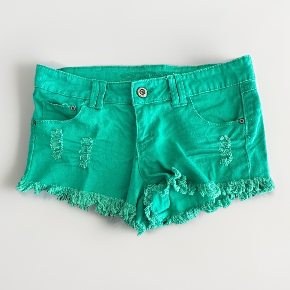 Green Distressed Denim Micro Mini Short Women Y2K Low Rise Raw Hem Festival Sz 9